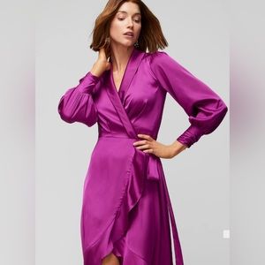 Long Sleeve Satin Ruffle Wrap Dress